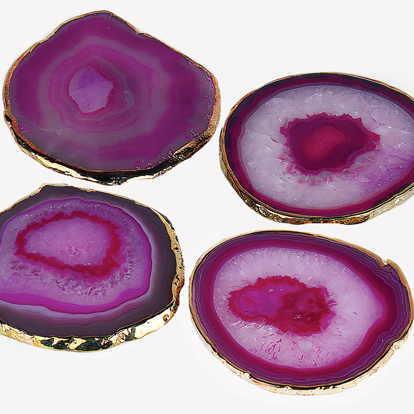 ESNABOX-天然巴西玛瑙杯垫<br />（玫红色 四片装）电镀金边